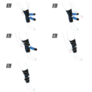 How to put on the Actimove Sports Edition PF Knee Brace: pull the knee brace up your leg and faster the straps