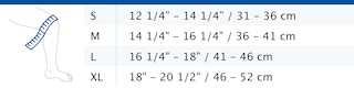 Size chart showing measurements for Actimove Everyday Supports Knee Support with Closed Patella with 2 Stays
