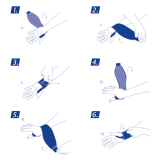 How to put on the Actimove Sports Edition Wrist Support Adjustable: Slide your thumb through the opening of the wrist support, wrap it around your wrist, then secure the strap
