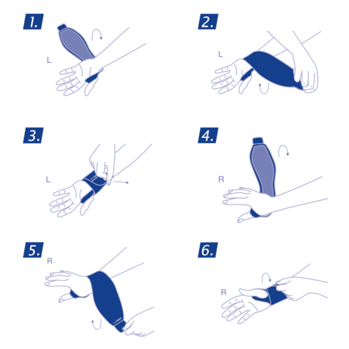 How to put on the Actimove Sports Edition Wrist Support Adjustable: Slide your thumb through the opening of the wrist support, wrap it around your wrist, then secure the strap
