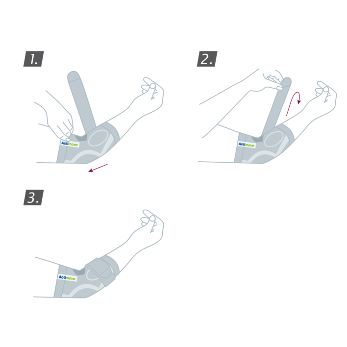 How to put on the Actimove Everyday Supports Elbow Support with Pressure Pads and Strap: pull the support up your arm and close the strap
