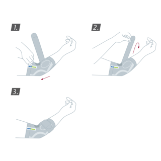 How to put on the Actimove Everyday Supports Elbow Support with Pressure Pads and Strap: pull the support up your arm and close the strap