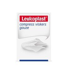 Edestä otettu tuotekuva Leukoplast compress viskers gauze -tuotteesta