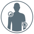 Human torso with shoulder and elbow highlighted by circles.