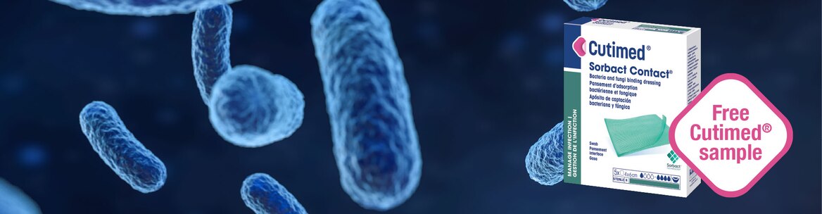Microscope close up of blue microorganisms with an image of Cutimed Sorbact pack and free sample pack text
