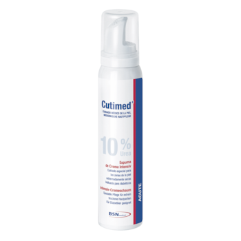 Una bomboletta spray di mousse Cutimed ACUTE con 10% di urea rappresenta la versione con il 10% di urea per la pelle estremamente secca e desquamata.