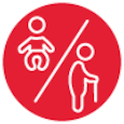 Rotes rundes Piktogramm mit weißer Outline, dass einen Säugling und älteren Menschen zeigt.