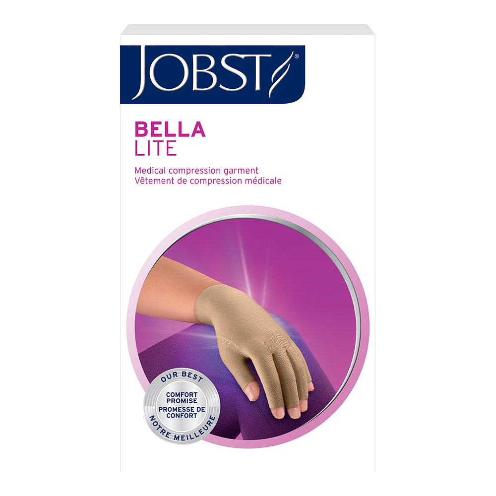 The packaging for JOBST Bella Lite Glove medical compression garment featuring a beige compression glove on a purple background.