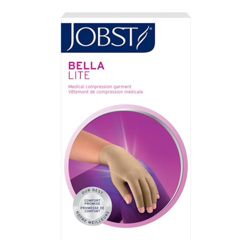 The packaging for JOBST Bella Lite Glove medical compression garment featuring a beige compression glove on a purple background.