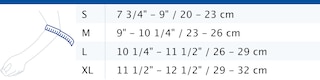 Size chart showing measurements for Actimove Everyday Supports Elbow Support
