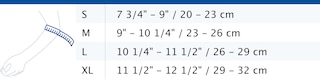 Size chart showing measurements for Actimove Everyday Supports Elbow Support with Pressure Pads and Strap
