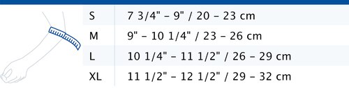 Size chart showing measurements for Actimove Everyday Supports Elbow Support with Pressure Pads and Strap
