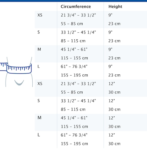 Size chart showing measurements for Actimove Professional Line Abdominal Binder Comfort with Soft Pad
