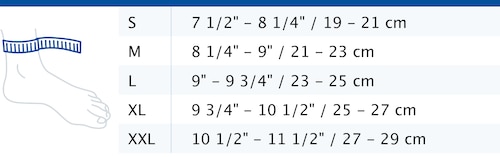 Size chart showing measurements for Actimove Professional Line AchilloMotion Achilles Tendon Support