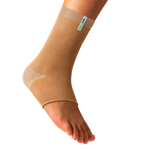 Beige knitted Actimove Arthritis Care Ankle Support with heat reflecting technology on ankle
