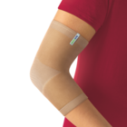 Beige knitted Actimove Arthritis Care Elbow Support with heat reflecting technology on elbow

