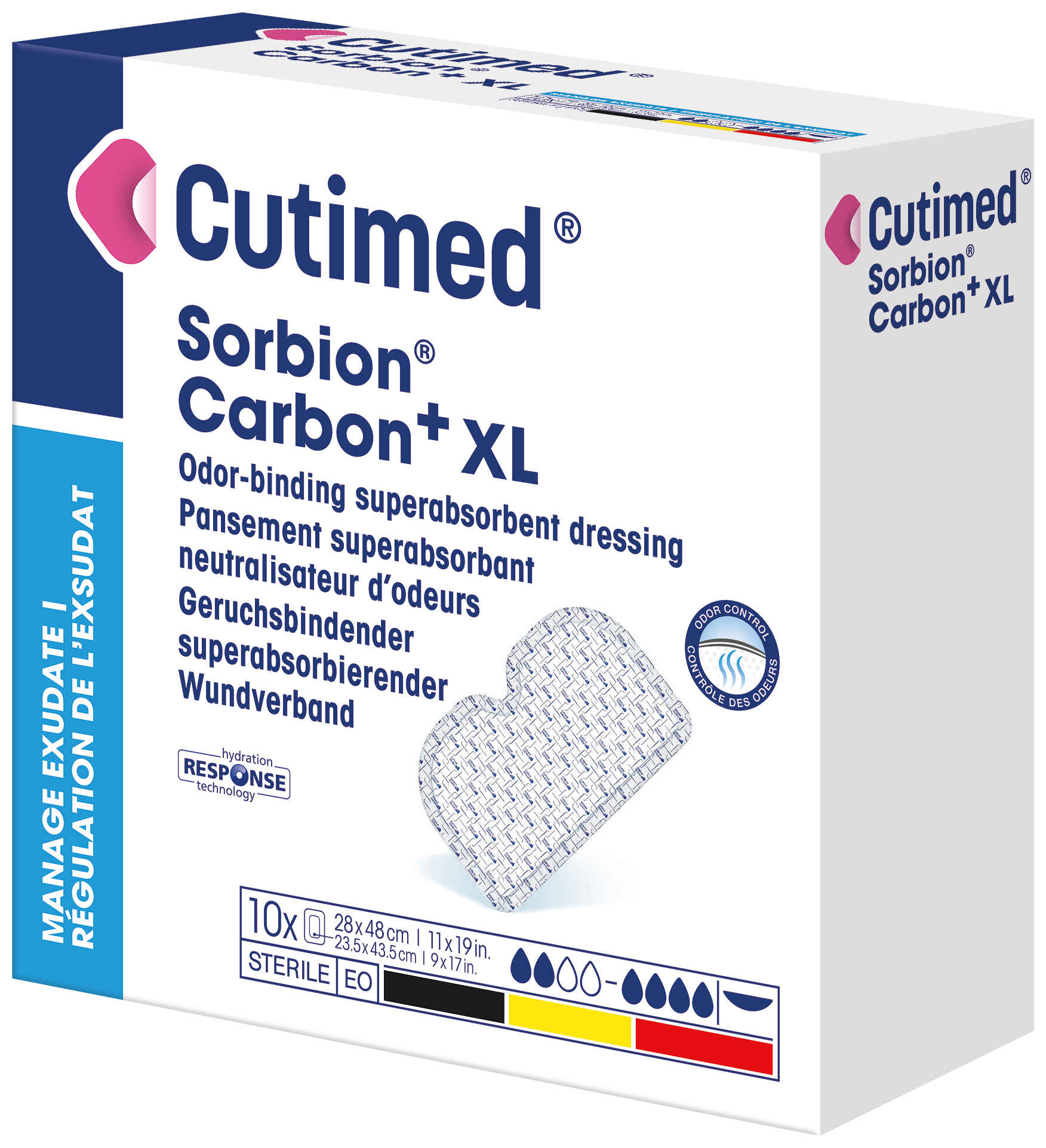 Die Abbildung zeigt einen Packshot von Cutimed Sorbion Carbon+ XL 