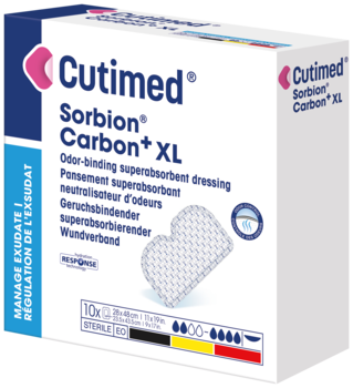 Die Abbildung zeigt einen Packshot von Cutimed Sorbion Carbon+ XL 