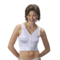 Woman smiling, wearing a white JOBST Surgical Vest with a zip, without bra cups. The woman is on a white background.