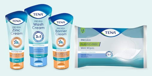 TENA plejende hudplejeprodukter: Zinc cream, Wash cream, Barrier cream, Wet wipes