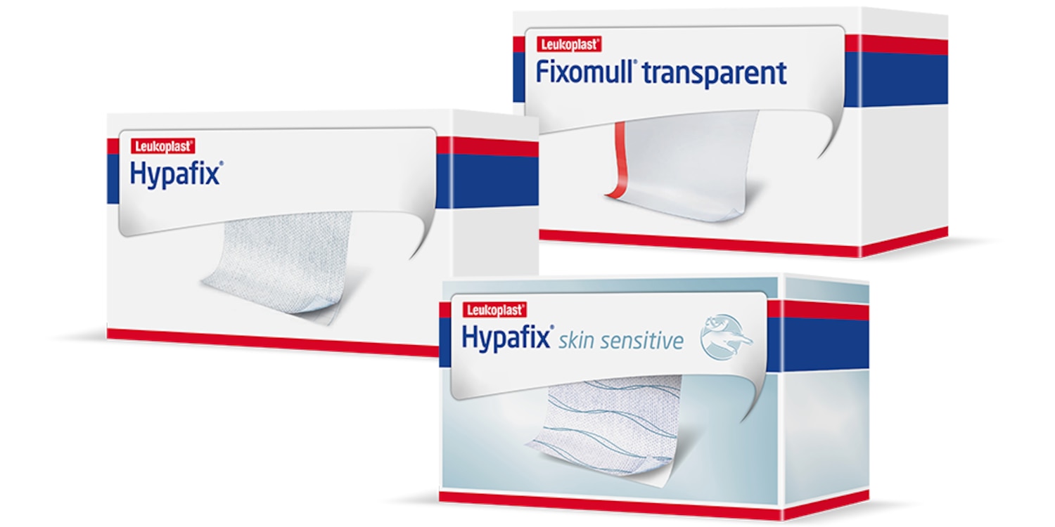 Imagen mostrando la gama completa de parches adhesivos para heridas Hypafix.