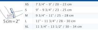 Size chart showing measurements for Actimove Professional Line EpiSport Elbow Clasp Adjustable
