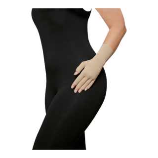 Female in a black bodysuit with her hands on her hips, wearing JOBST Bella STRONG Glove.