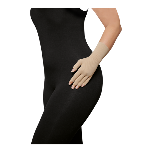 Female in a black bodysuit with her hands on her hips, wearing JOBST Bella STRONG Glove.