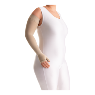 Female in a white bodysuit wearing a JOBST Bella Lite beige arm compression sleeve.