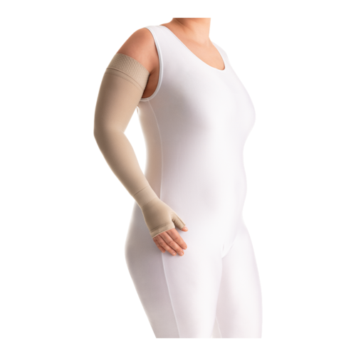 Female in a white bodysuit wearing a JOBST Bella Lite beige arm compression sleeve.