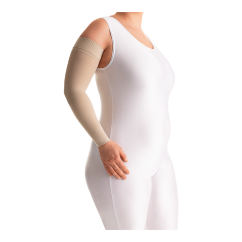 Female in a white bodysuit wearing a JOBST Bella Lite beige arm compression sleeve.