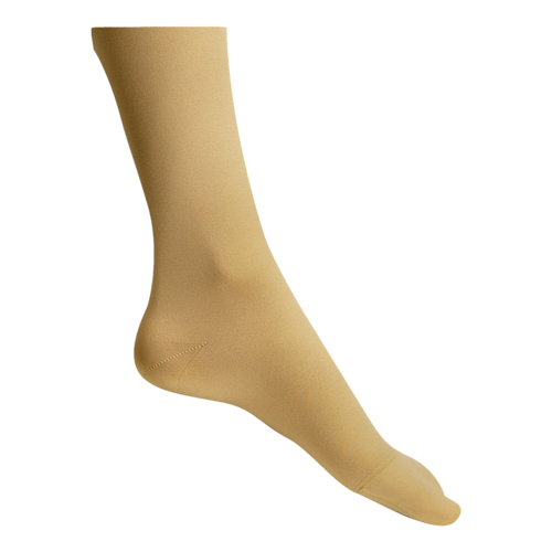 Close-up of left leg wearing JOBST Bellavar knee-high compression socks.