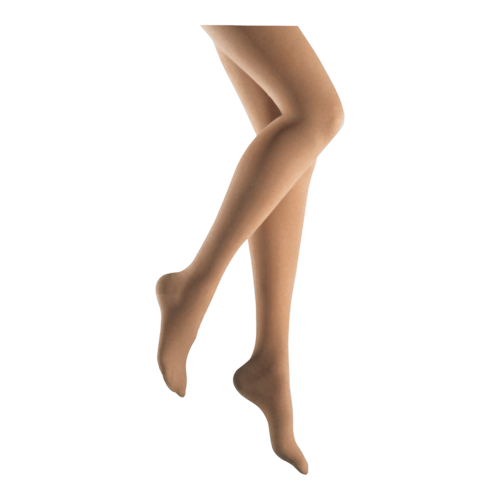 Two legs wearing JOBST Bellavar beige compression stockings.