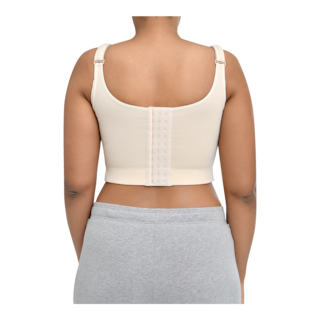 Back view of a female wearing JOBST Bellisse compression garment that aids drainage after breast or chest surgery.