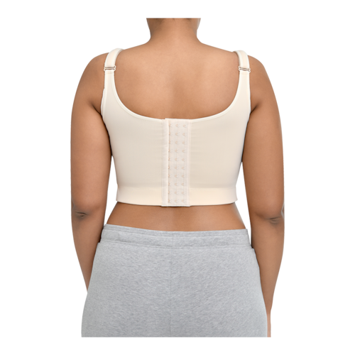 Back view of a female wearing JOBST Bellisse compression garment that aids drainage after breast or chest surgery.