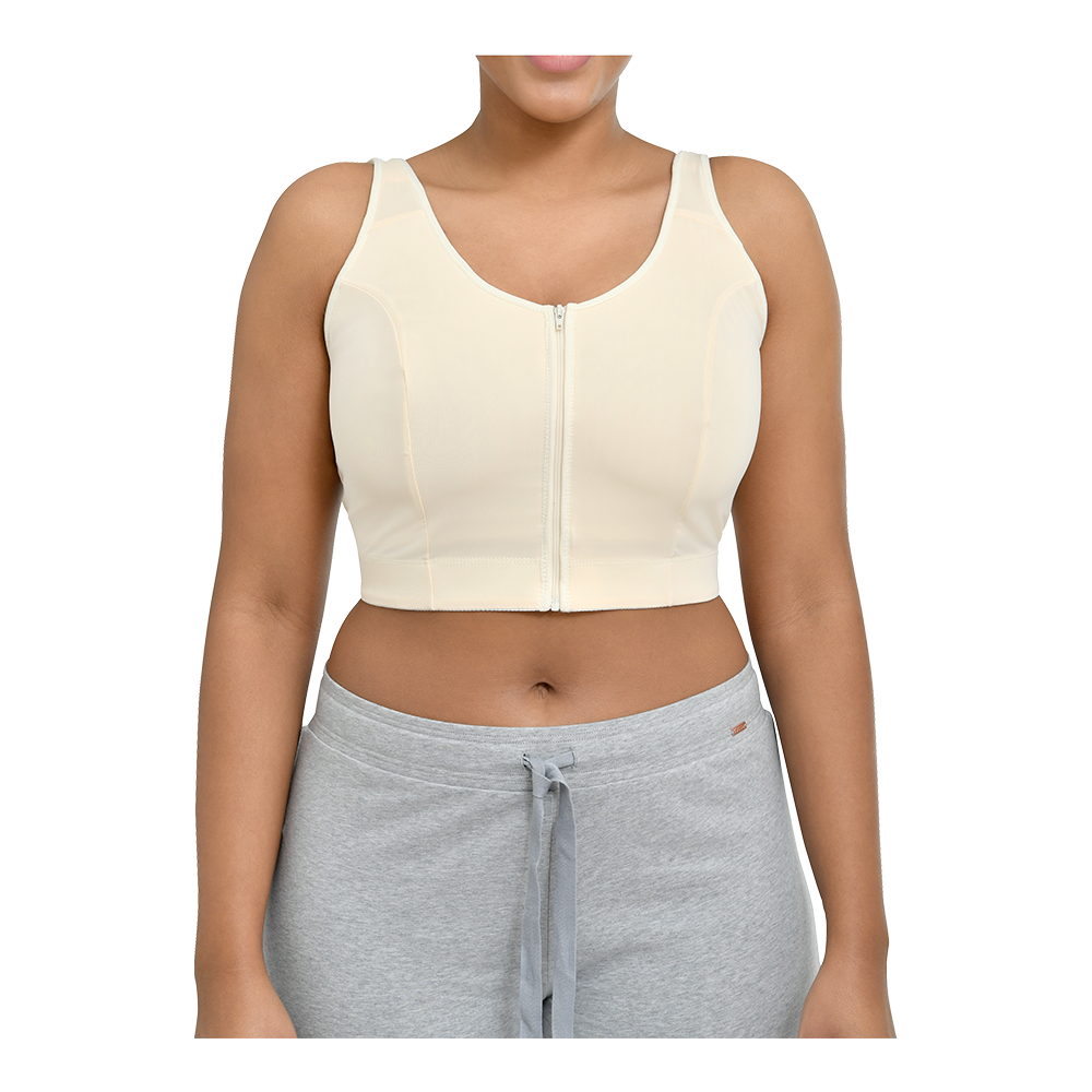 Front view of a female wearing JOBST Bellisse compression garment that aids drainage after breast or chest surgery.