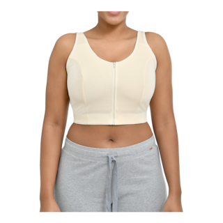 Front view of a female wearing JOBST Bellisse compression garment that aids drainage after breast or chest surgery.