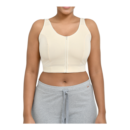 Front view of a female wearing JOBST Bellisse compression garment that aids drainage after breast or chest surgery.