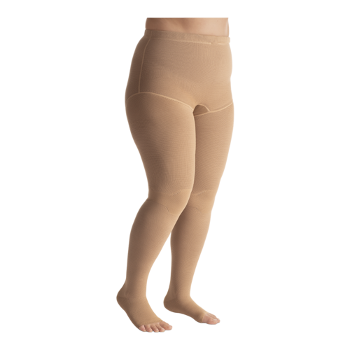 Front view of a female wearing leg JOBST Elvarex open toe beige tights.