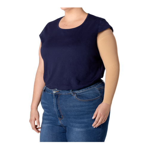 Female wearing JOBST Elvarex compression beige garment on her left arm.